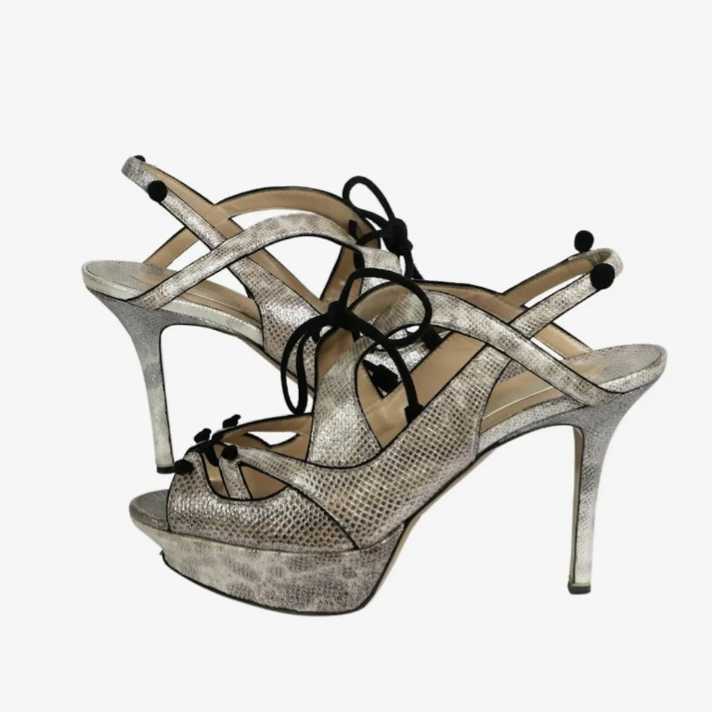 Nicholas Kirkwood Metallic Leather Heels Sandals 8 Lace Up Sling Snakeskin